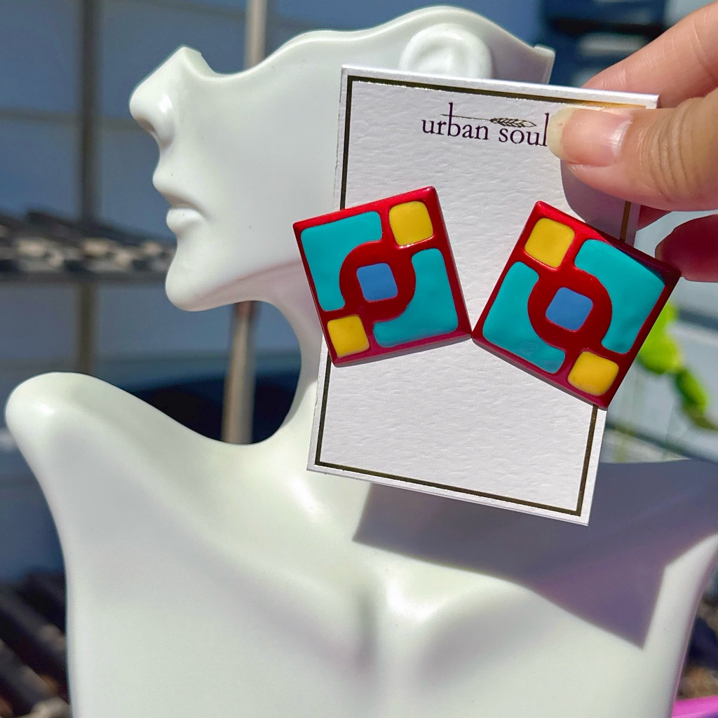 4pcs For $20 In My Storeurban Soul Diamond Shape Earrings Stud Red Blue Yellow